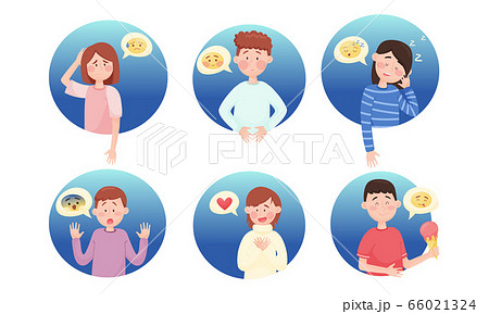 People Characters with Emoji Showing Different Emotional States and Feeling Like Scare and Love Vector Set 66021324