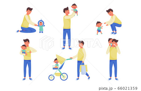 Young Father Feeding Walking and Playing with His Little Baby Vector Illustration Set 66021359