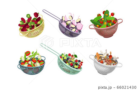 Kitchen Colanders or Strainers with Vegetables and Berries Vector Set Kitchen Colanders or Strainers with Vegetables and Berries Vector Set 66021430