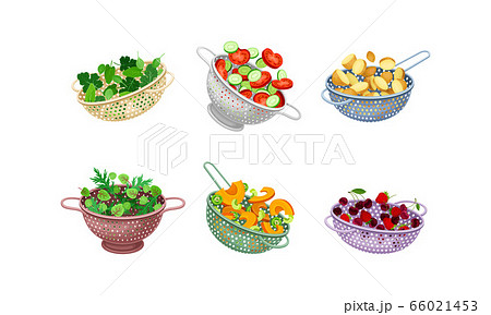 Kitchen Colanders or Strainers with Vegetables and Greenery Vector Set Kitchen Colanders or Strainers with Vegetables and Greenery Vector Set 66021453