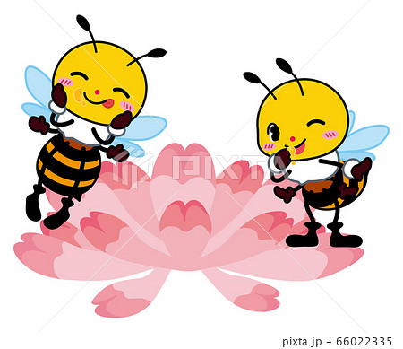 花の蜜を味見して喜ぶかわいい蜜蜂のキャラクターのイラスト素材