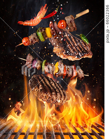 Tasty beef steaks and skewers flying above cast 66022366