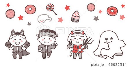 ハロウィンのおばけの衣装を着てポーズする子どもたち 2色のイラスト素材