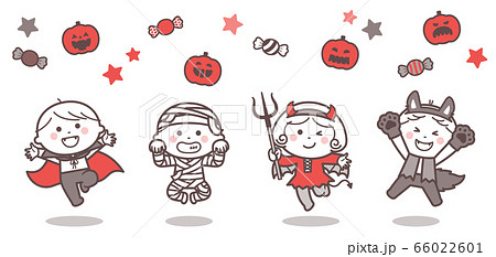 ハロウィンのおばけの衣装を着てジャンプする子どもたち / 2色 66022601