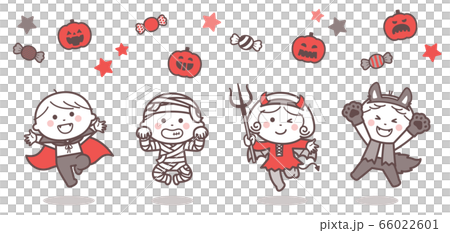 ハロウィンのおばけの衣装を着てジャンプする子どもたち / 2色 66022601