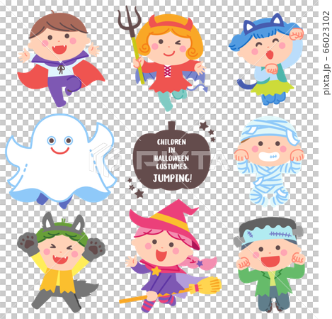 ハロウィンのおばけの衣装を着てジャンプする子どもたち 66023102