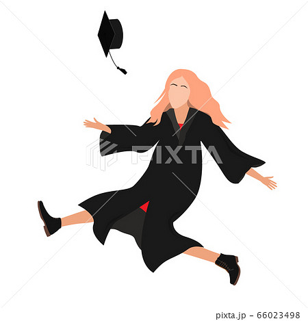 Young graduate student girl in graduation gown jumping and throwing the mortarboard high into the air. Flat vector illustration 66023498