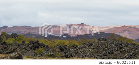 Typical icelandic landscape with black stones Typical icelandic landscape with black stones 66023511