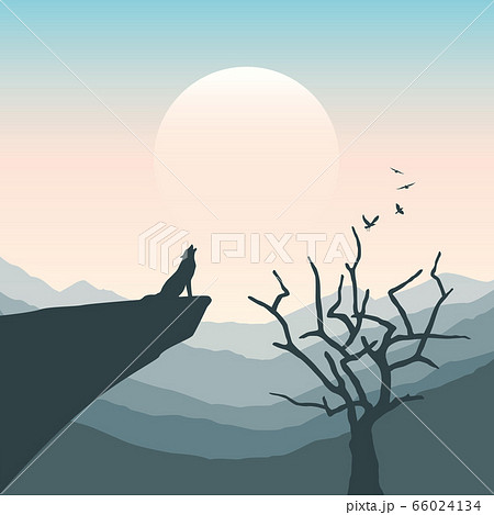 wolf on a cliff howls at full moon mountain nature landscape 66024134