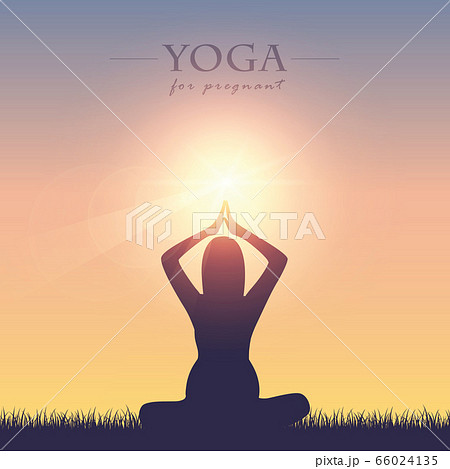 yoga for pregnant women silhouette on summer meadow at sunshine 66024135