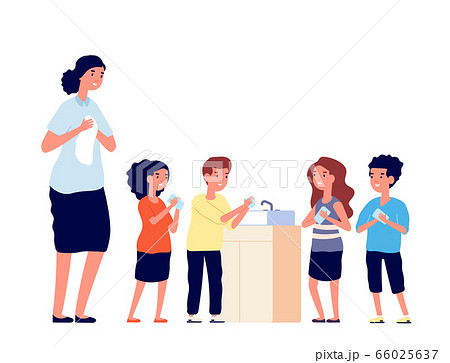 Children washing hands. School kids clean dirty hand in sink. Virus or germs protecting, woman girls and boys hygiene vector illustration 66025637