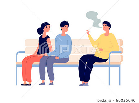 Smoking in public place. Man smoker, couple are passive smokers. Drug or nicotine addiction, people with bad habit. Relaxed guy vector character Smoking in public place. Man smoker, couple are passive smokers. Drug or nicotine addiction, people with bad habit. Relaxed guy vector character 66025640