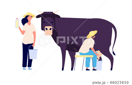 Milk farm characters. Flat cow, woman with bottle. Fresh organic products, raw for market. Isolated agricultural people working vector illustration 66025650