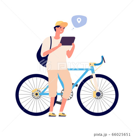Man search gps navigation. Bike rider with tablet. Isolated flat tourist or student or sport boy character. Guy in online chat vector illustration 66025651