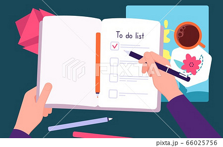 Person fill notebook. To-do list, tasks for day...のイラスト素材 [66025756 ...