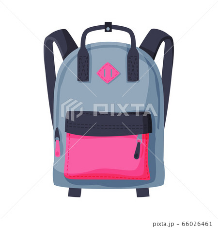Front View of Gray and Pink Backpack with Front Zippered Pocket for Schoolchildren or Students Flat Style Vector Illustration 66026461