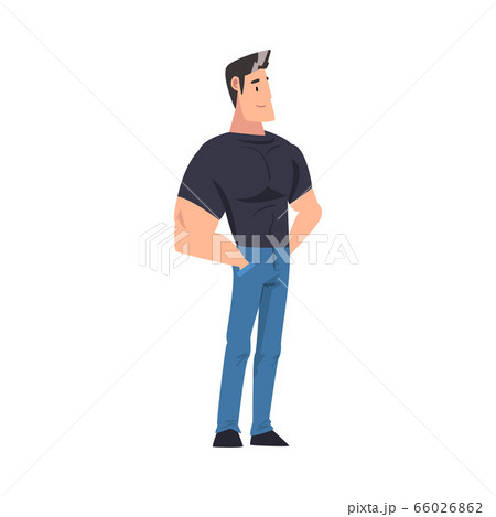 Young Muscular Man Standing with Hands in His Pockets, Guy Spending Time in Expectation Cartoon Vector Illustration 66026862