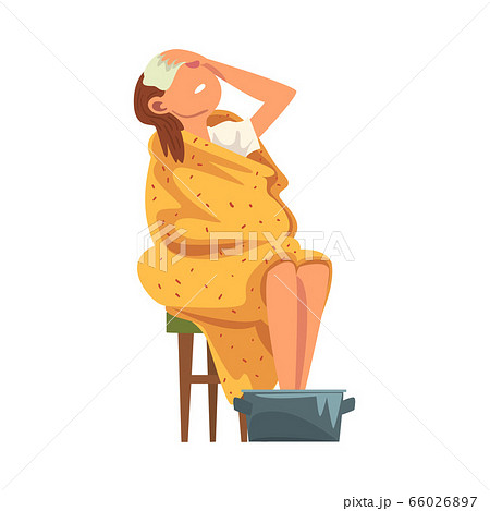 Young Woman Catch Cold, Sick Girl with Headache Heating her Feet in Basin with Hot Water Cartoon Vector Illustration Young Woman Catch Cold, Sick Girl with Headache Heating her Feet in Basin with Hot Water Cartoon Vector Illustration 66026897