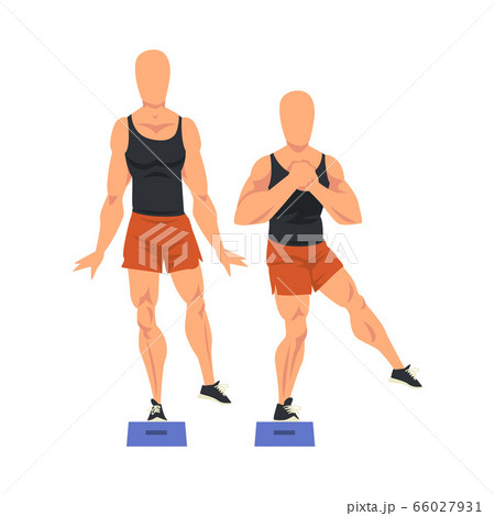 Man Doing Glute Exercise Using Steps Platform in Two Steps, Male Athlete Doing Sports for Fit Body, Buttock Workout Vector Illustration on White Background 66027931