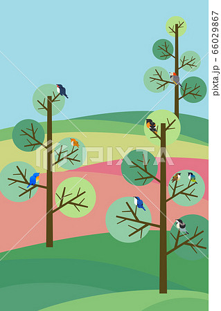 春らしい鳥たちのいる丘の風景 フラットデザインのイラスト素材