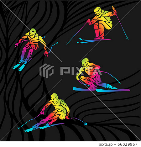 Vector set of abstract skiing people on black background 66029967