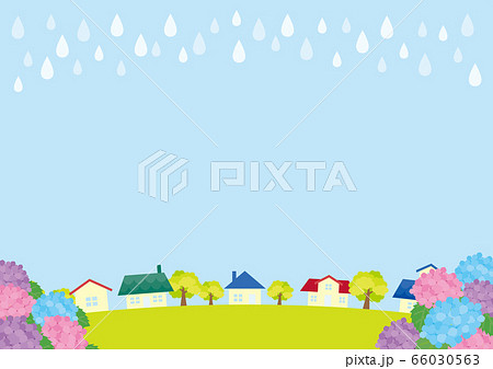 アジサイの咲く街並みに雨が降る風景のイラスト素材