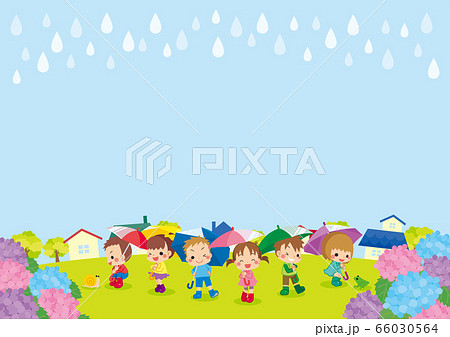 雨の日のアジサイと傘を差した可愛い子どもたちのイラスト素材