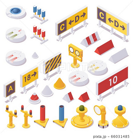 Isometric set of airport lights, taxiway signs, 66031485