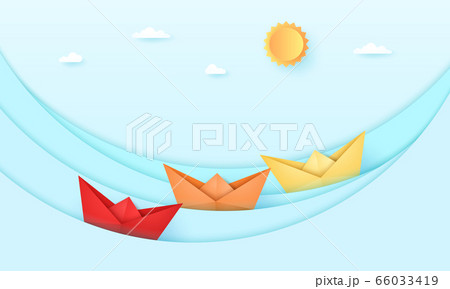 Seascape, Sea with origami boat and with bright sun and sky, ocean waves, paper art style 66033419