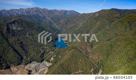 Mounains Lagoon Embalse Bullileo en region Maule, Chile. Aerial drone view 66034105