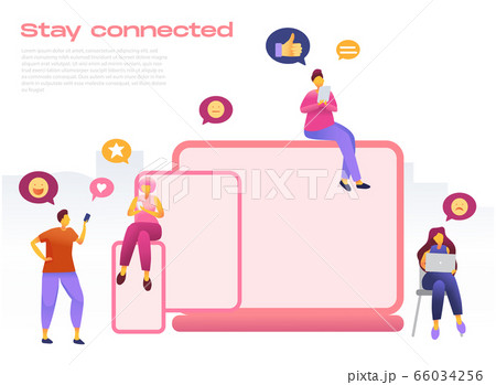 Cartoon icon with social media communication characters. that chat in phone, tablet, notebook with text babble. 66034256