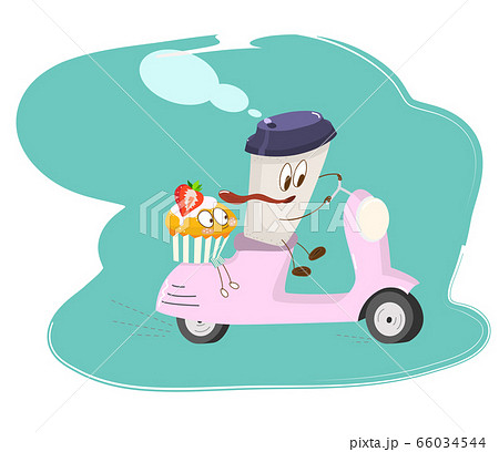 coffee Cup character carries a cupcake on a pink 66034544