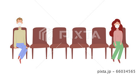 Two people sitting distance apart on row of chairs 66034565