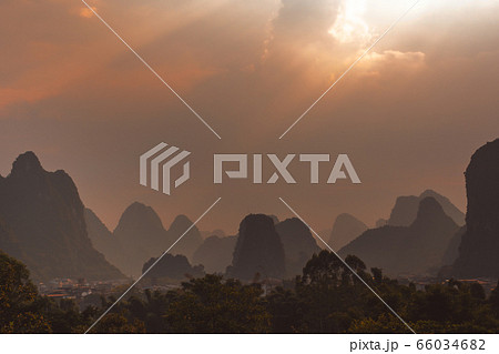 Yangshuo landscape panorama during sunset a sunny 66034682
