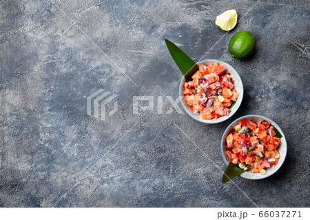 Hawaiian food Salmon Lomi Lomi. Salmon with tomatoes, onion and lemon 66037271