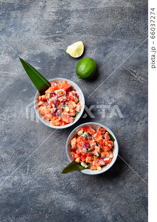 Hawaiian food Salmon Lomi Lomi. Salmon with tomatoes, onion and lemon 66037274