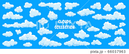 White clouds set. Abstract blue summer sky. Simple cartoon cloud. Vector illustration. White clouds set. Abstract blue summer sky. Simple cartoon cloud. Vector illustration. 66037963