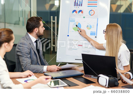 Business meeting. Business people in formalwear discussing something while sitting together at the table 66038800