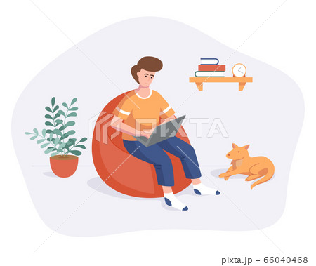 Freelance man work from home comfortable space on chair with computer flat style vector illustration isolated on white. Freelancer character self employed concept working online. 66040468