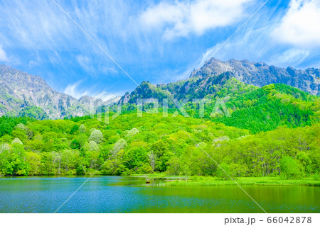 鏡池から望む新緑の戸隠山 66042878