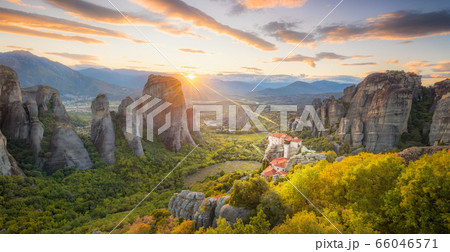 Panoramic landscape of Meteora, Greece at romantic 66046571