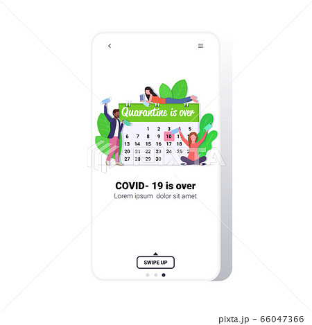 mix race people taking off face masks near calendar coronavirus pandemic quarantine is over 66047366