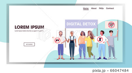 activists holding posters with gadgets in red prohibition signs digital detox concept activists holding posters with gadgets in red prohibition signs digital detox concept 66047484