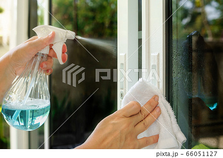 Woman is cleaning door handle with alcohol spray 66051127