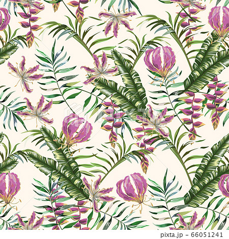 Gloriosa flowers green leaves seamless white 66051241
