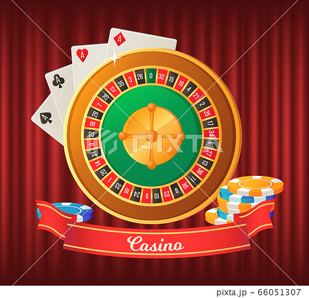 Vector American Roulette Wheel With Las Vegas Sign, Playing Cards