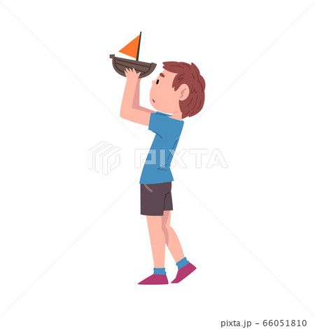 Boy Playing with Toy Boat, Cute Child Daily Routine Activity Cartoon Style Vector Illustration Isolated on White Background 66051810