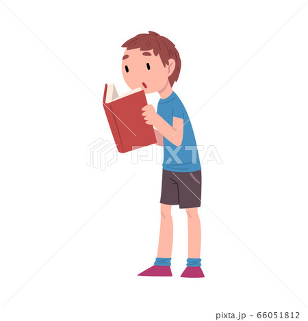 Boy Standing and Reading Book, Cute Child Daily Routine Activity Cartoon Style Vector Illustration on White Background 66051812
