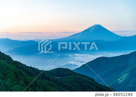 （山梨県）新緑・雲海・池の茶屋林道から望む、富士山 66052289