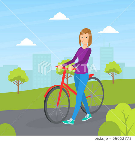 Girl Standing Next to Bicycle, Young Woman Riding Bike in Urban Public Park Vector Illustration Girl Standing Next to Bicycle, Young Woman Riding Bike in Urban Public Park Vector Illustration 66052772